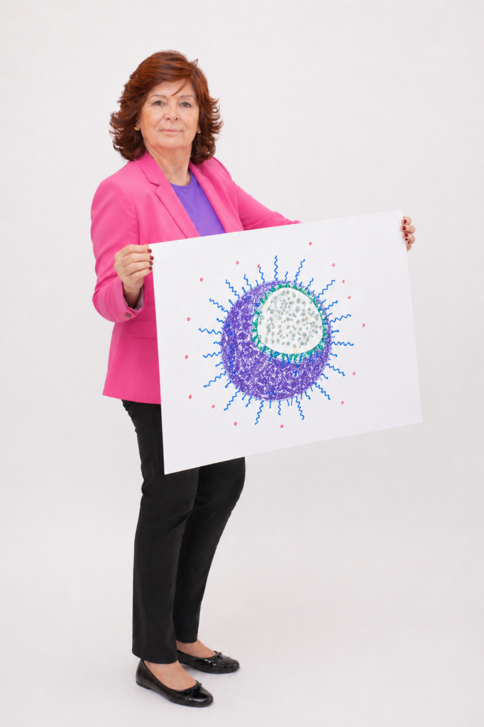 La investigadora María Vallet Regí junto a un boceto de una nanopartícula, su objeto principal de estudio, dibujado por ella.